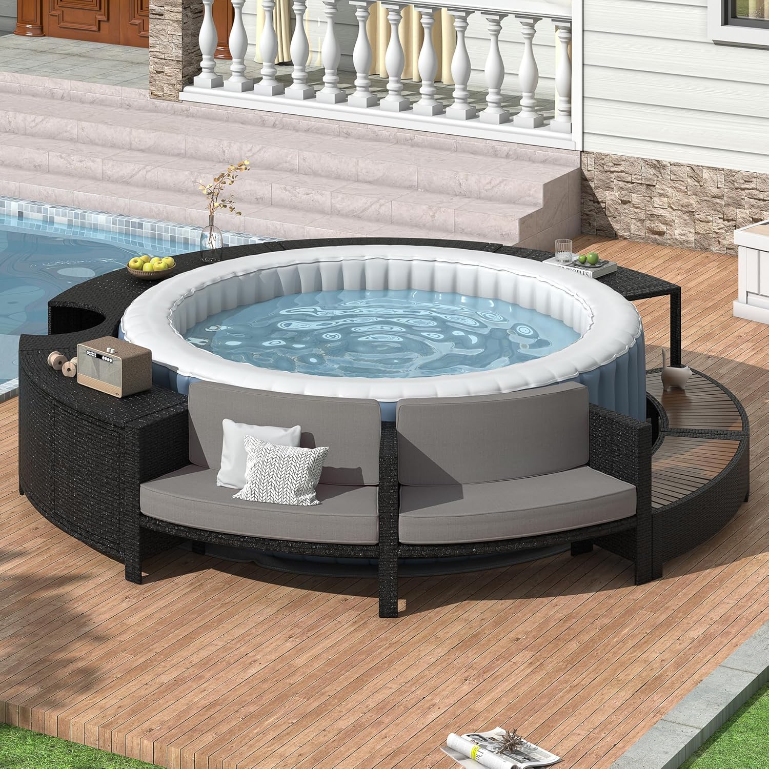 Outdoor Furniture Grey - Set Sofa Patio Rotan dengan Penyimpanan