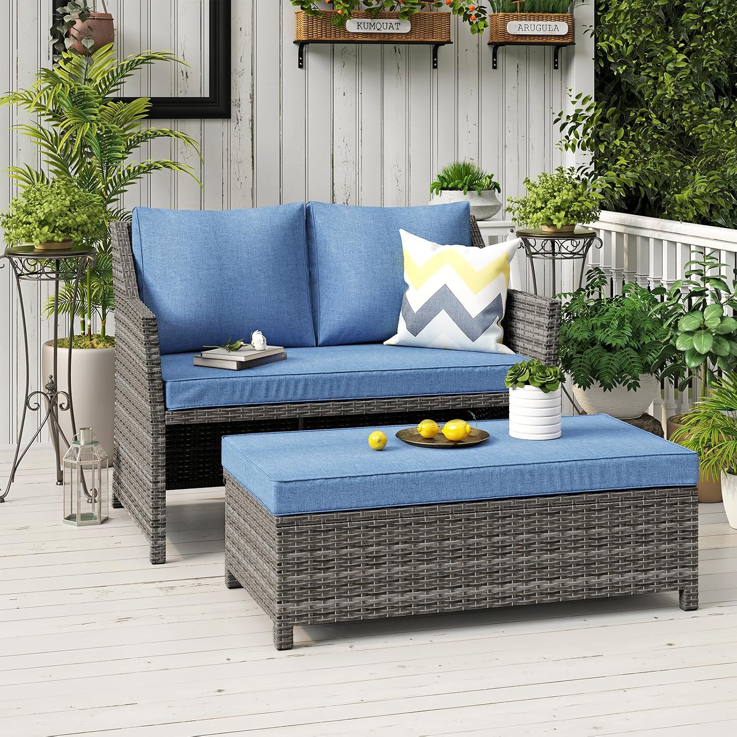Outdoor Furniture Loveseat - Sofa Taman Anyaman dengan Ottoman Penyimpanan,