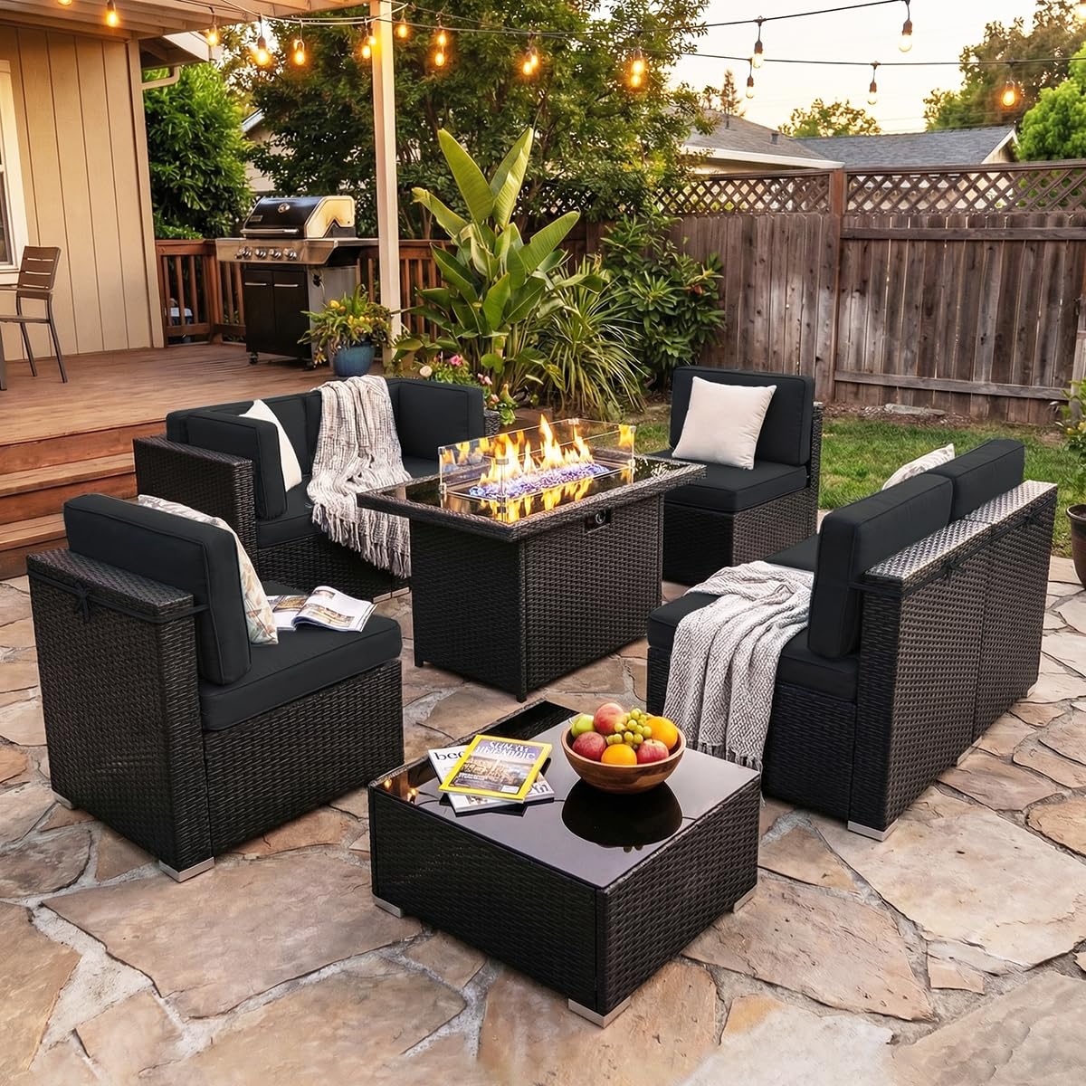 Outdoor Furniture Set With Fire Pit - Set Furnitur Teras 8 Buah dengan