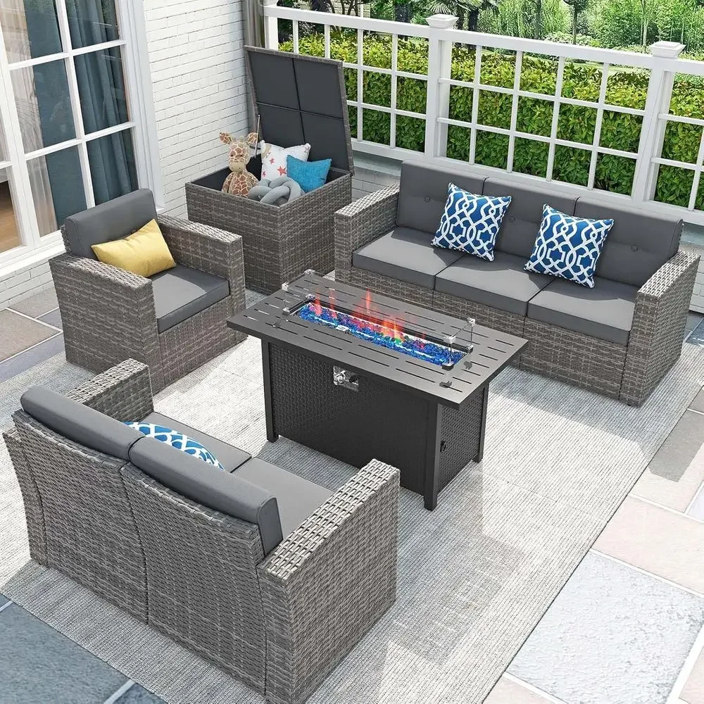 Outdoor Furniture Set With Fire Pit - Set Furnitur Teras 8 Bagian dengan