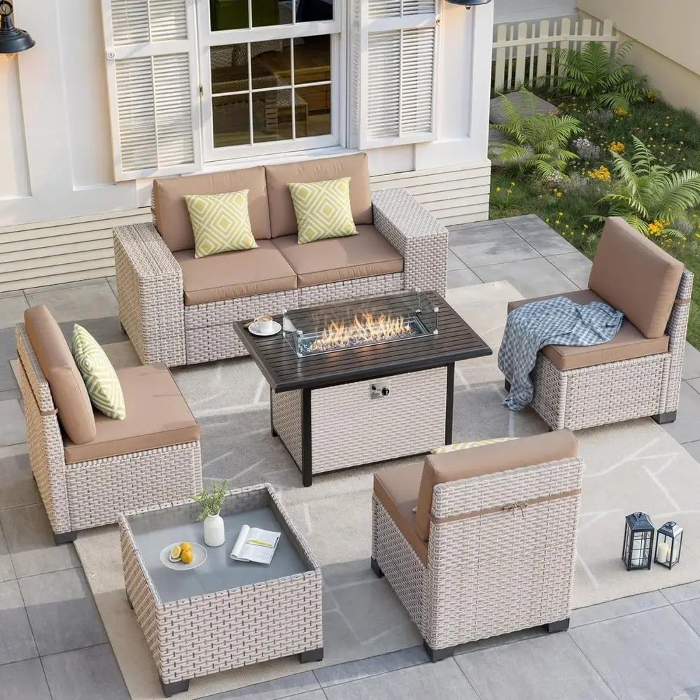 Outdoor Furniture Set With Fire Pit - Set Furnitur Teras Luar Ruangan 7-Potong