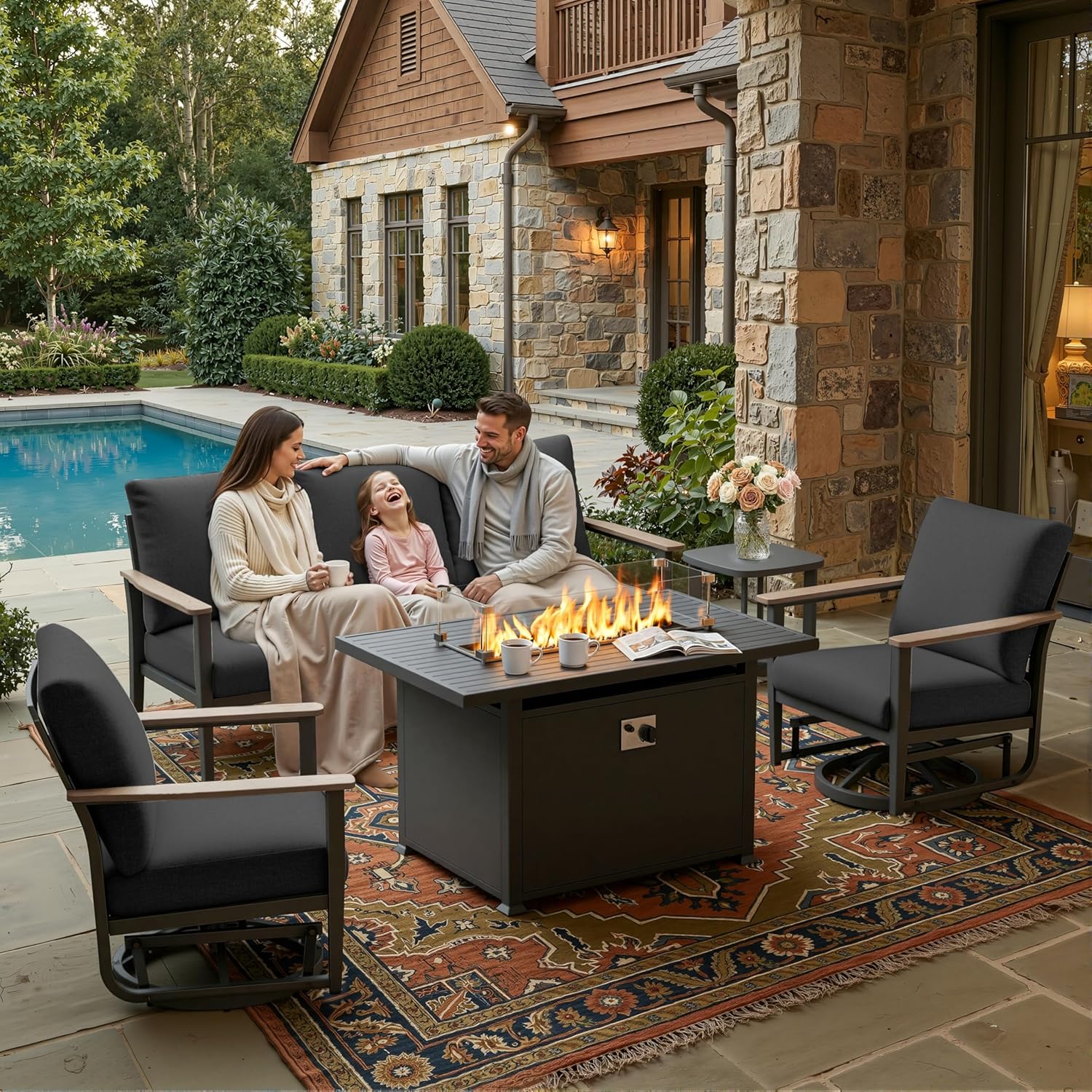 Outdoor Furniture Set With Fire Pit - Set Kursi Patio Aluminium 5 Buah