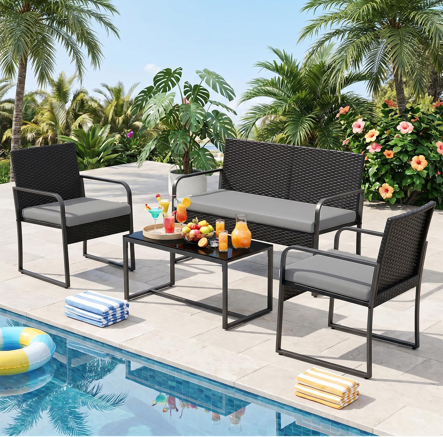 Outdoor Furniture Grey - Set Furnitur Teras Rotan Luar Ruangan,