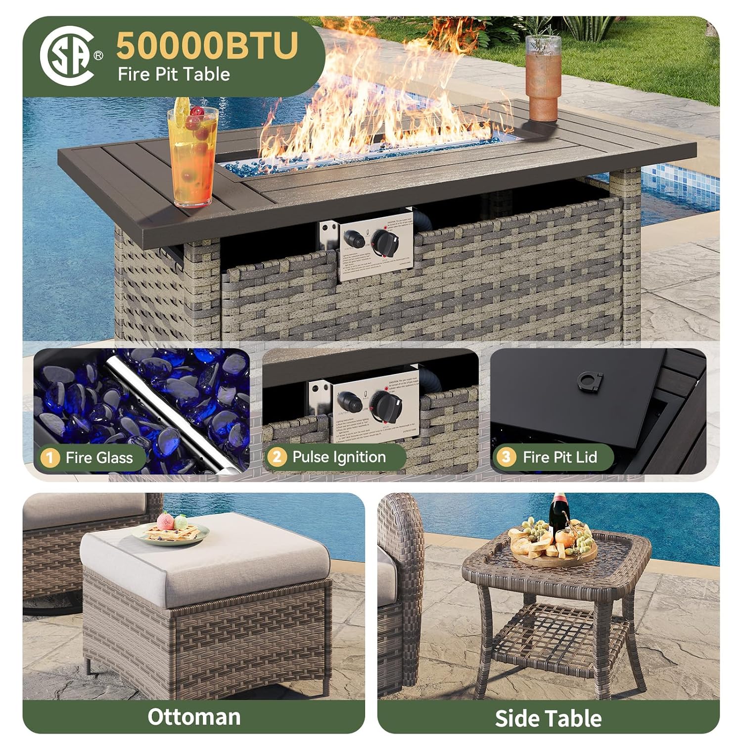 Set Patio Rotan 7 Bagian denga - Outdoor Furniture Set With Fire Pit ulasan dan harga