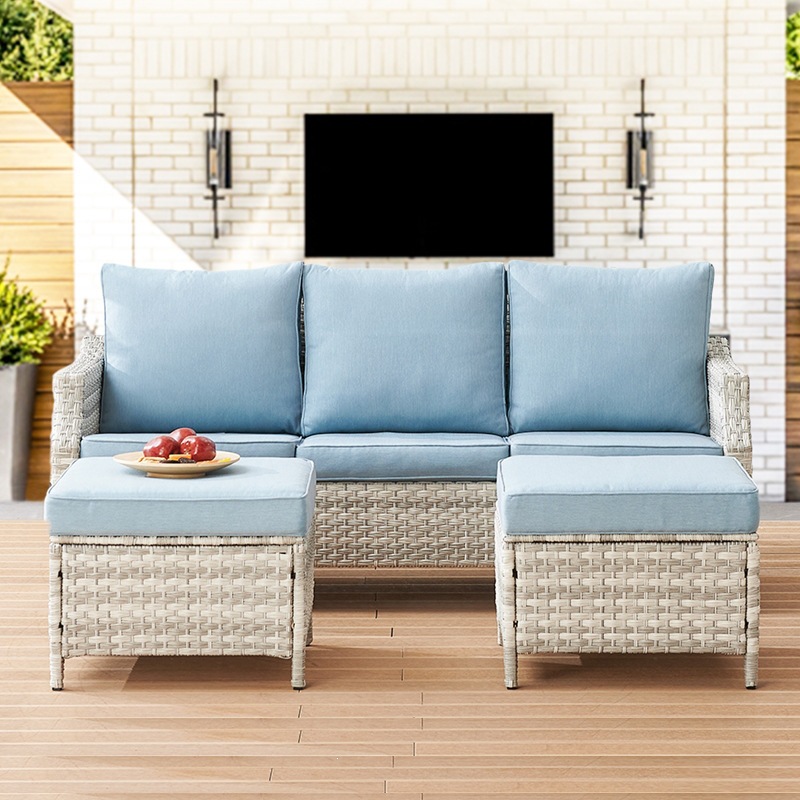 Set Sofa Rotan PE Modern Biru  - Outdoor Furniture Quick Dry ulasan dan harga